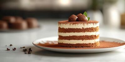 Delicious chocolate cake layered with cream and cocoa on a white plate in a cozy kitchen setting photo