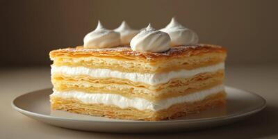 Delicate layers of a creamy dessert plated elegantly with decorative meringue topping in a warm setting photo