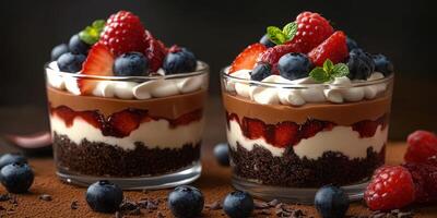 Delicious dessert cups with layers of chocolate, cream, and fresh berries on a dark background photo