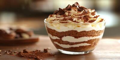 Delicious dessert in a glass featuring layers of cream, chocolate, and cocoa on a rustic wooden table photo