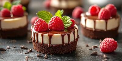 Delicious chocolate raspberry mini cheesecakes garnished with fresh raspberries and mint leaves photo