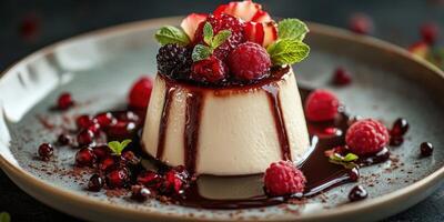 Delicious dessert featuring creamy panna cotta topped with fresh berries and chocolate sauce on a stylish plate photo