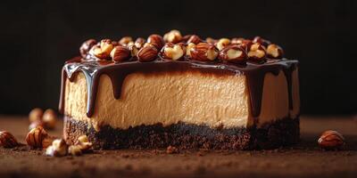Delicious chocolate and hazelnut cheesecake presented beautifully on a wooden table photo
