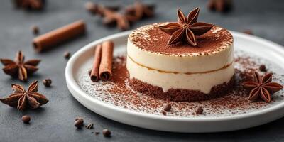 Delicious dessert on a white plate with chocolate and spice garnishes in a cozy kitchen setting photo