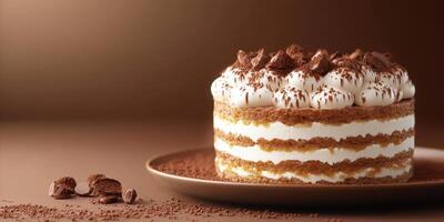Chocolate dessert with creamy layers and cocoa topping on a simple plate in a warm setting photo