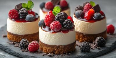 Delicious assorted berry mini cheesecakes served on a dark slate platter at a dessert display photo