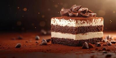 Chocolate cake with cocoa powder and chocolate chips presented on a dark background creating a rich dessert experience photo