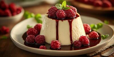 Delicious dessert featuring panna cotta topped with fresh raspberries and chocolate sauce on a rustic wooden table photo