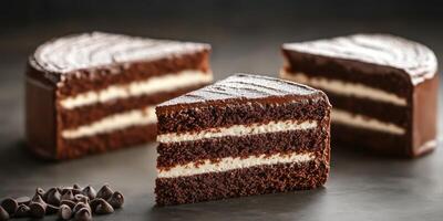 Delicious chocolate layer cake with creamy filling and rich frosting served on a dark background photo