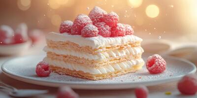 Delicious layered dessert topped with fresh raspberries and cream served on a white plate photo