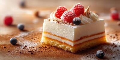 Delicious dessert slice topped with fresh raspberries and blueberries on a rustic wooden surface photo