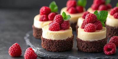Delicious mini cheesecakes topped with fresh raspberries on a dark stone platter photo