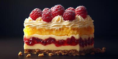 Delicious layered dessert with raspberry and cream showcased against a dark background photo