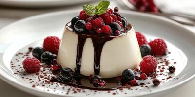 Creamy dessert topped with fresh berries and chocolate sauce captures attention at a gourmet restaurant photo