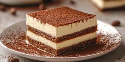 Delicious layered dessert with creamy filling and cocoa powder on a plate ready to be enjoyed photo
