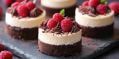 Delicious chocolate raspberry mousse cakes served on a black slate platter at a dessert table photo