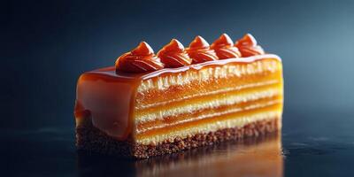 Delicious layered cake with rich caramel topping and creamy filling on a dark background photo