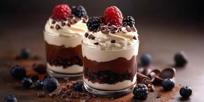 Decadent chocolate desserts topped with fresh berries on a wooden table photo
