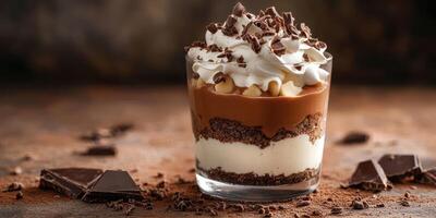 Delicious layered dessert with chocolate, cream, and whipped topping served in a glass photo