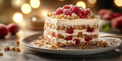 Delightful raspberry layered dessert served on a gray plate with a blurred background of soft lights photo