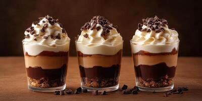 Delicious layered desserts served in clear glasses with chocolate and cream, perfect for any festive occasion or family gathering photo
