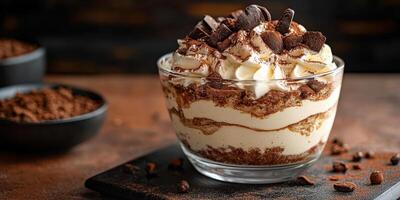 Delicious layered dessert in a glass with chocolate and cream topping served in a cozy atmosphere photo