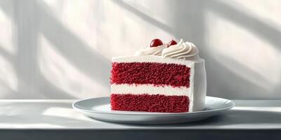 Delicious red velvet cake slice with creamy frosting and cherries on top enjoys soft sunlight in a cozy kitchen photo