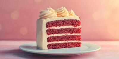Slice of red velvet cake with cream cheese frosting on a white plate in soft lighting photo