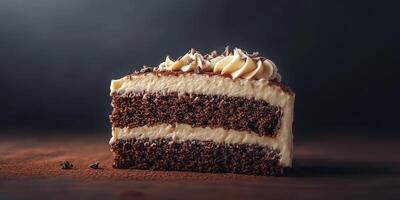 Delicious chocolate cake slice with creamy frosting on rustic wooden table photo