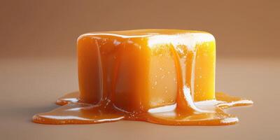 Melted caramel cube oozing with rich sweetness on a smooth surface in a warm light setting photo