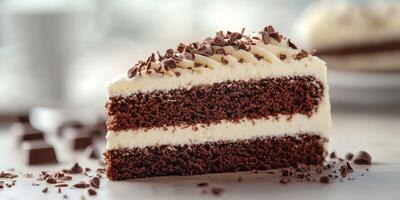 Chocolate cake slice with creamy frosting and chocolate shavings served on a rustic table photo