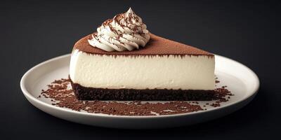 Delicious chocolate cheesecake slice on a plate with whipped cream on top photo