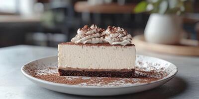 Creamy cheesecake with chocolate crust and whipped topping placed on a rustic table photo