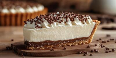 Decadent chocolate cream pie slice with whipped topping and chocolate sprinkles on rustic wooden table photo