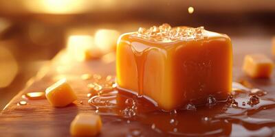Golden caramel block melting on a wooden surface under warm sunlight in a cozy kitchen setting photo