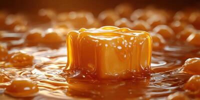 Golden caramel sauce dripping over soft butter cube in a warm, inviting kitchen environment photo
