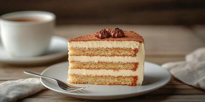 Delicious layered cake with cream and coffee served on a wooden table beside a cup of coffee photo