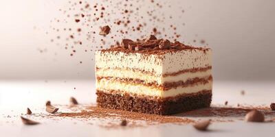 Delicious chocolate layered dessert with cocoa dust on a light background photo