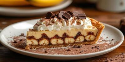 Delicious dessert featuring banana and chocolate cream pie served on a plate with toppings in a cozy setting photo