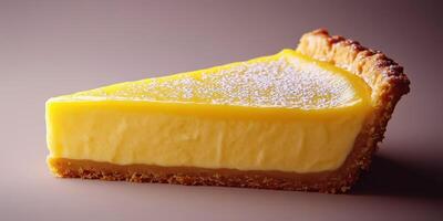 Slice of creamy lemon tart on a solid surface with a delicate crust and powdered sugar photo
