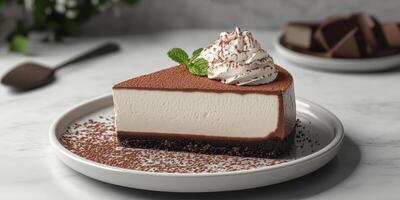 Decadent chocolate cheesecake served on a plate with fresh mint leaves as a garnish photo