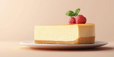 Creamy cheesecake with raspberry topping served on a white plate against a soft peach background photo