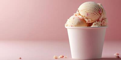 Delicious ice cream served in a white cup with a pink background, perfect for a warm day or celebration photo