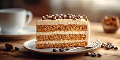 Delicious coffee-flavored cake served on a wooden table with a cup and coffee beans in a cozy atmosphere photo
