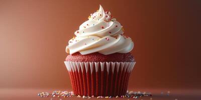 Delicious red velvet cupcake topped with creamy frosting and colorful sprinkles in a warm setting photo