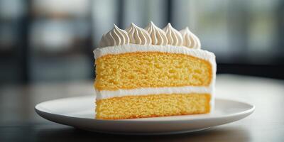 Moist yellow cake slice with fluffy white frosting on a simple white plate in a cozy cafe setting photo