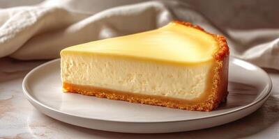 Creamy cheesecake slice served on a white plate with a soft cloth backdrop in a cozy kitchen setting photo
