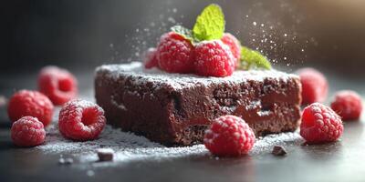 Delicious chocolate brownie topped with fresh raspberries and powdered sugar on a dark surface photo