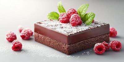 Delicious chocolate dessert topped with fresh raspberries and mint leaves on a light background photo