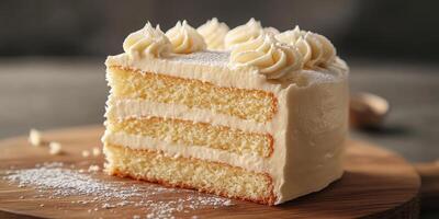Delicious vanilla layer cake with creamy frosting on a wooden serving board in a cozy setting photo
